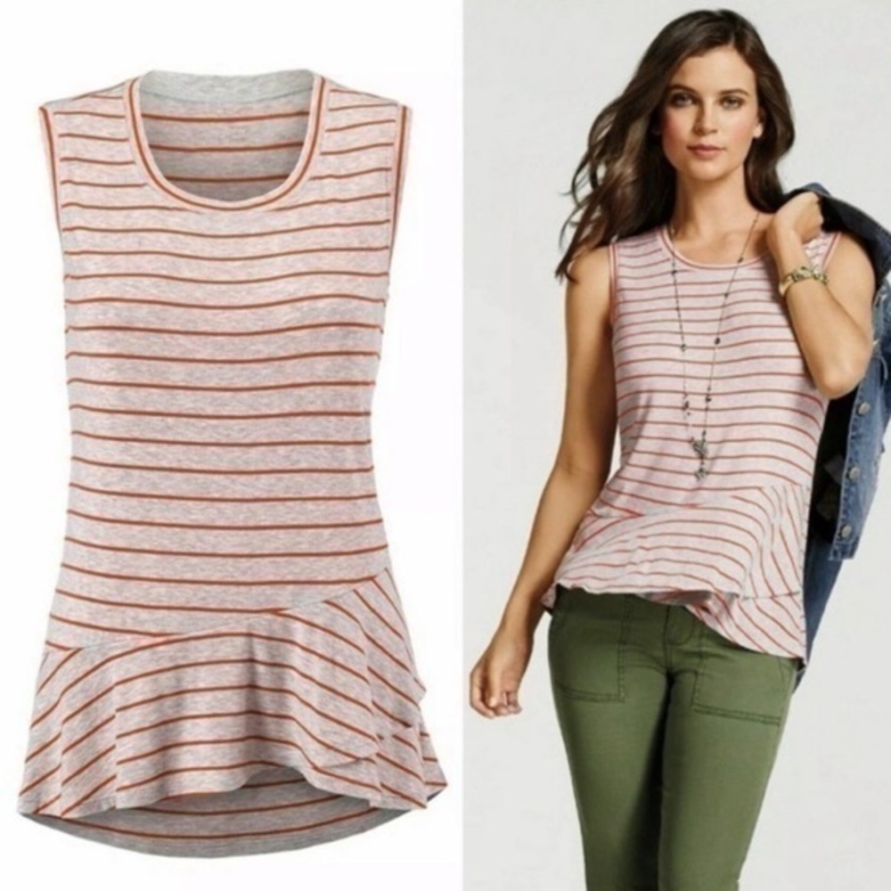 CAbi #5331 Grey Orange Stripe Peplum Ruffle Tank​